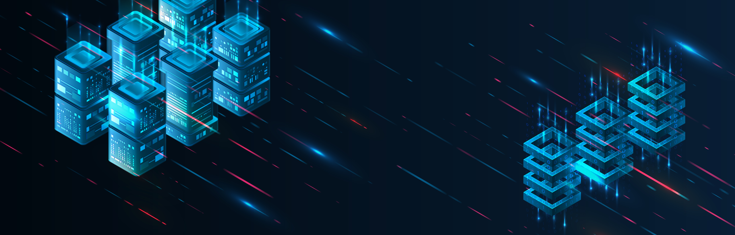 Technology concept for data center with server or hosting. Binary code structure. Big data stream. Abstract Isometric information warehouse. Creative Web hosting banner. 3D